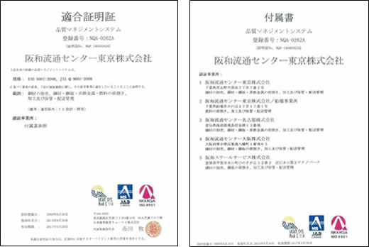 国際規格ISOの適合証明証