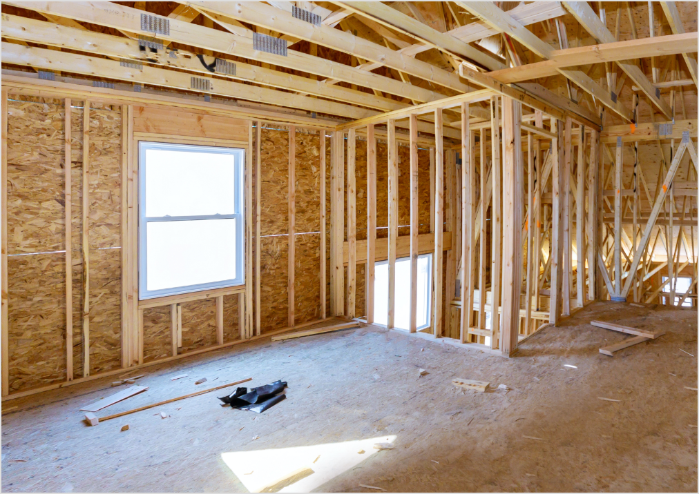 A house using particle boards for the walls